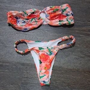 Floral Pink Orange Bandeau Bikini Set